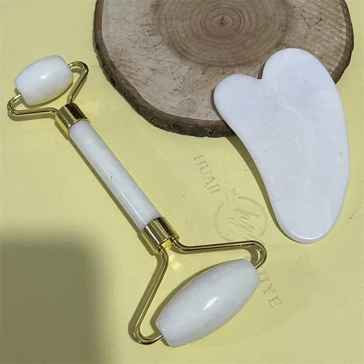 Natural Jade Double Head Roller Health Beauty Treatment Device Scraping Board Set Xiuyan Face Massager To Lift Remove Wrinkles
