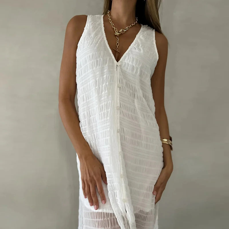 Casual V Neck Button Lace Party Dresses Woman Spring Solid Split Pleated Long Dress Summer Sleeveless Hollow Holiday Beach Dress