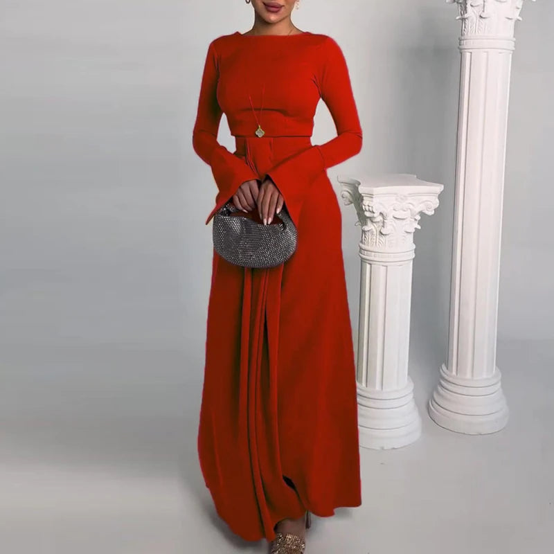 2024 Casual Solid Prom Dress Elegant O Neck High Waist Pleated Commuter Dress New Autumn Fashion Flared Sleeve Split Long Dress