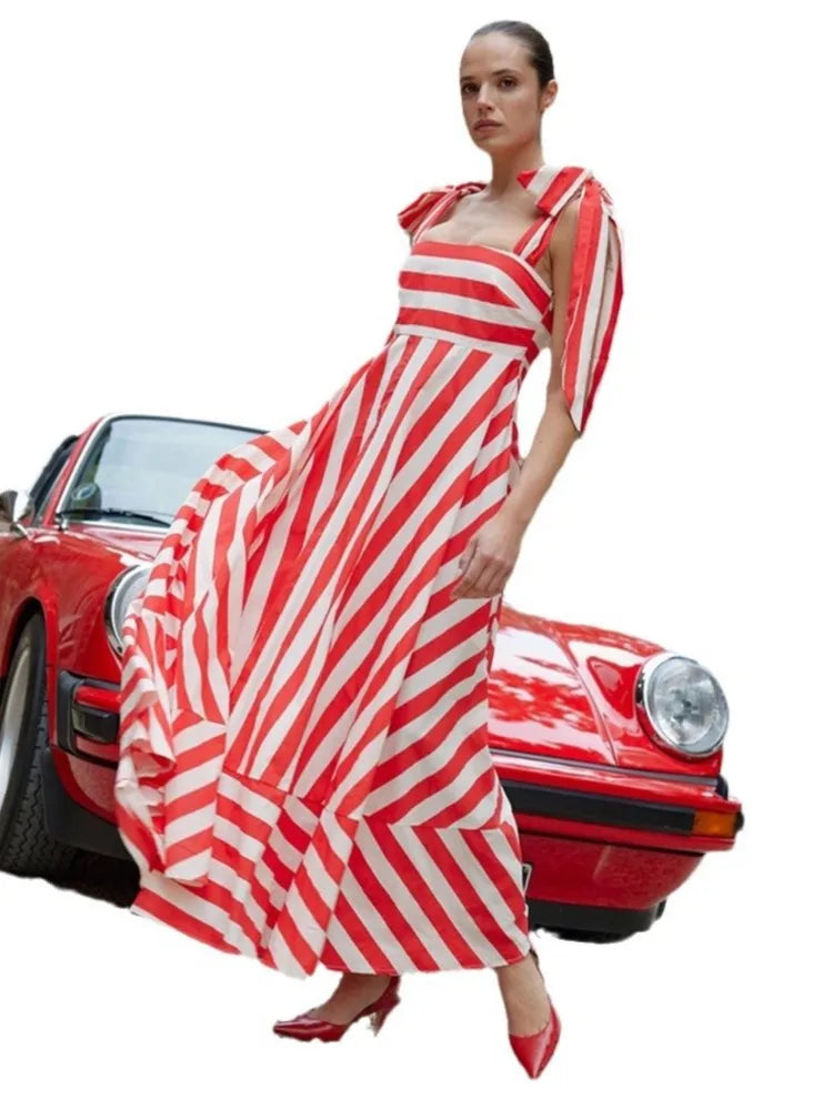 2024 Summer New Stripe Print Spaghetti Strap Dresses For Women Fashion Elegant Lady Bowknot Shoulder Strap Long Dress Vestidos