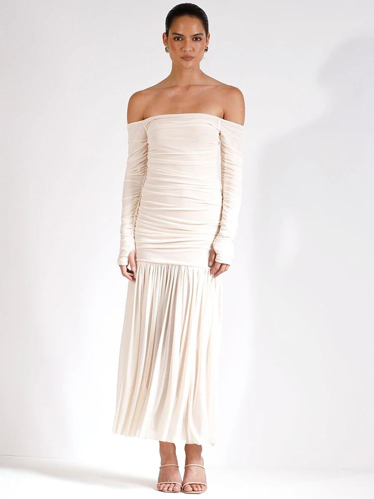 Mozision Off-shoulder Strapless Sexy Maxi Dress Women Summer New Patchwork Backless Long Sleeve Pleated Long Dress Elegant