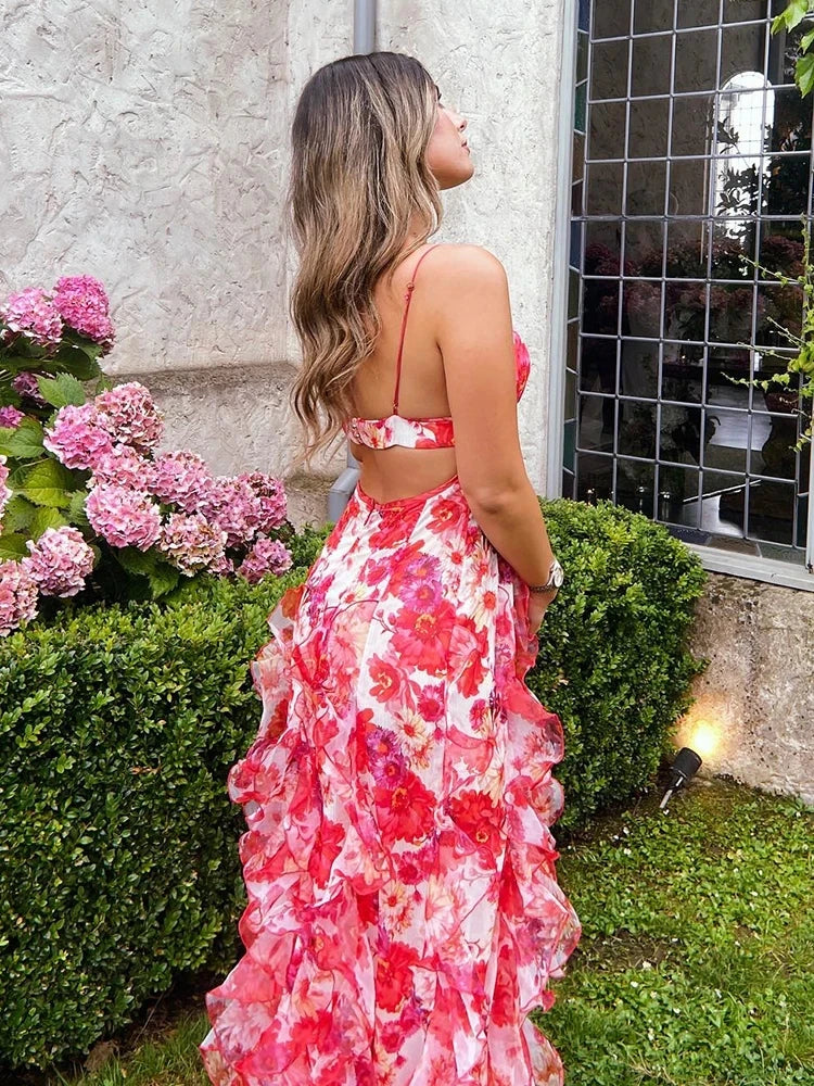 Summer Women Sleeveless Colorful Floral Printing Beach Long Dress Sexy Spaghetti Straps Backless Ruffles Split Dresses Holiday