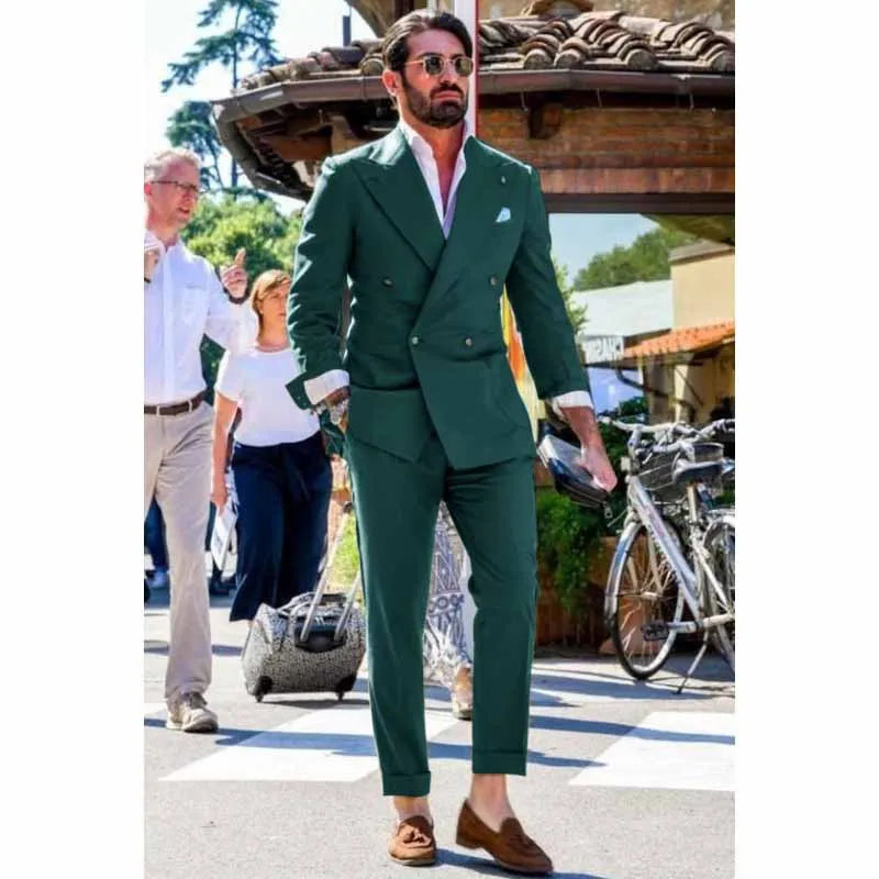 Men's Suit Two-piece Solid Color Double Breasted Fashion Spike Lapel Slim Fit Cropped Pants Casual Business Party Suits 2023