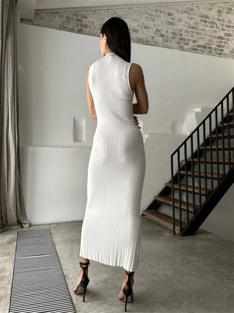 Sexy Women's Knitted Dress 2024 Spring Summer Maxi Turtleneck Sleeveless Sheath Long Dress Slim Party Bodycon Dresses for Women