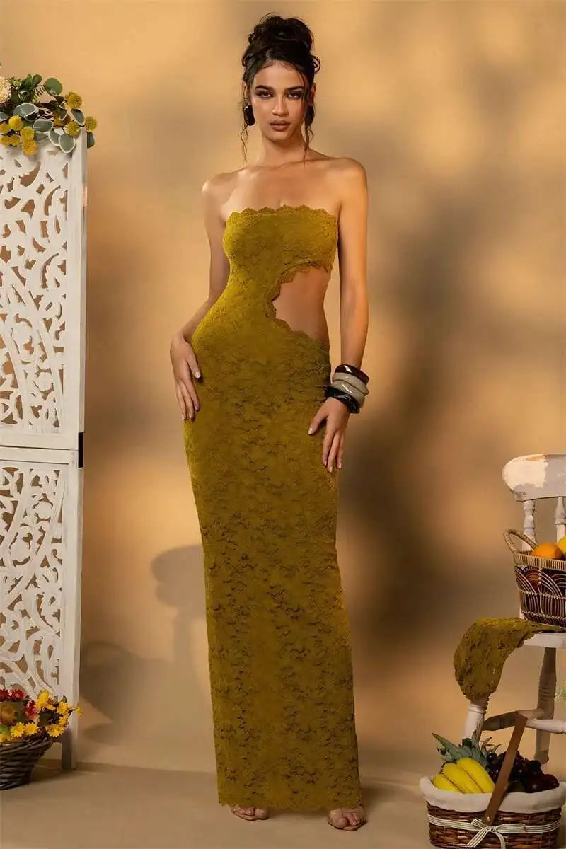Blifanbo Backless Sexy Off-shoulder Maxi Dress Women Lace Sleeveless Strapless Hollow Out Skinny Club Party Long Dress Elegant