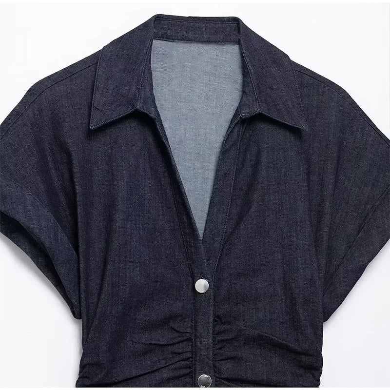 Sexy V-neck Denim Dresses 2025 Women's Spring Fashion Slim Long Dress Chic Short Sleeves Single Button High Street Lady New Robe