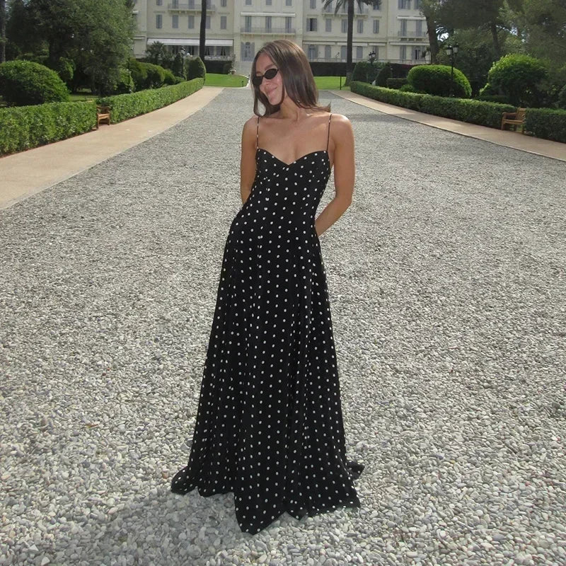 Dot Print Strapless Long Dress Women Retro V-neck Sleeveless Backless High Waist Dresses Female 2025 Spring New Lady Party Robes