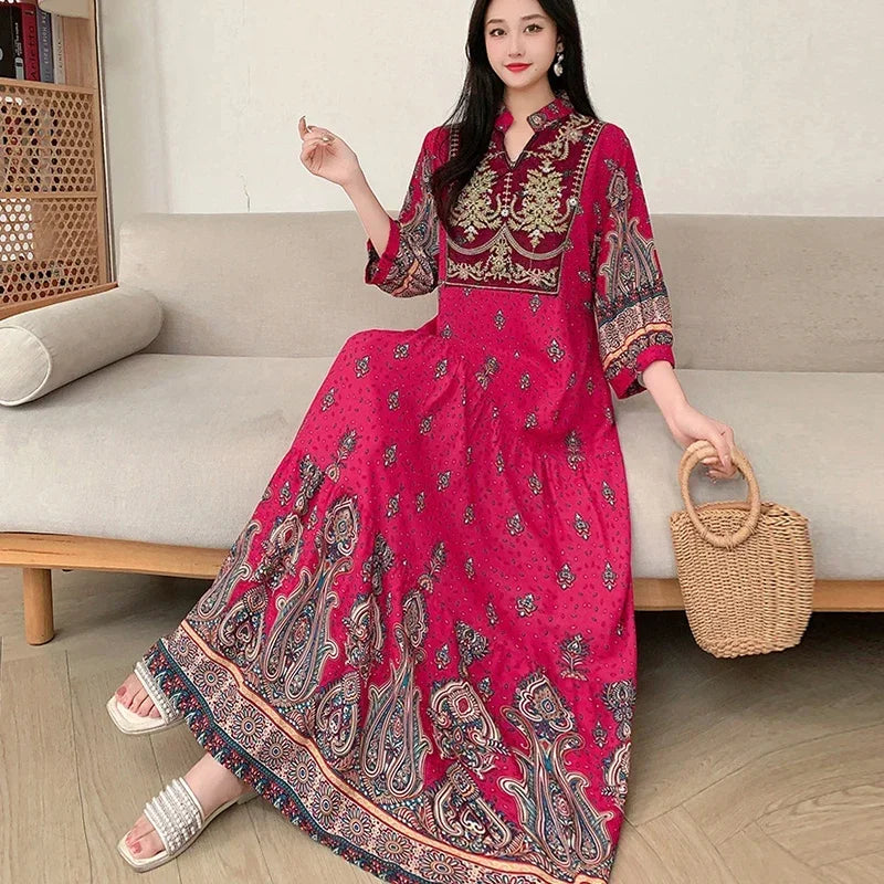 Summer Autumn Robe Maxi Long Dress Women Indian Clothes Boho Cotton Print Floral Boho Korean Style Fashion Casual Vestido Largos