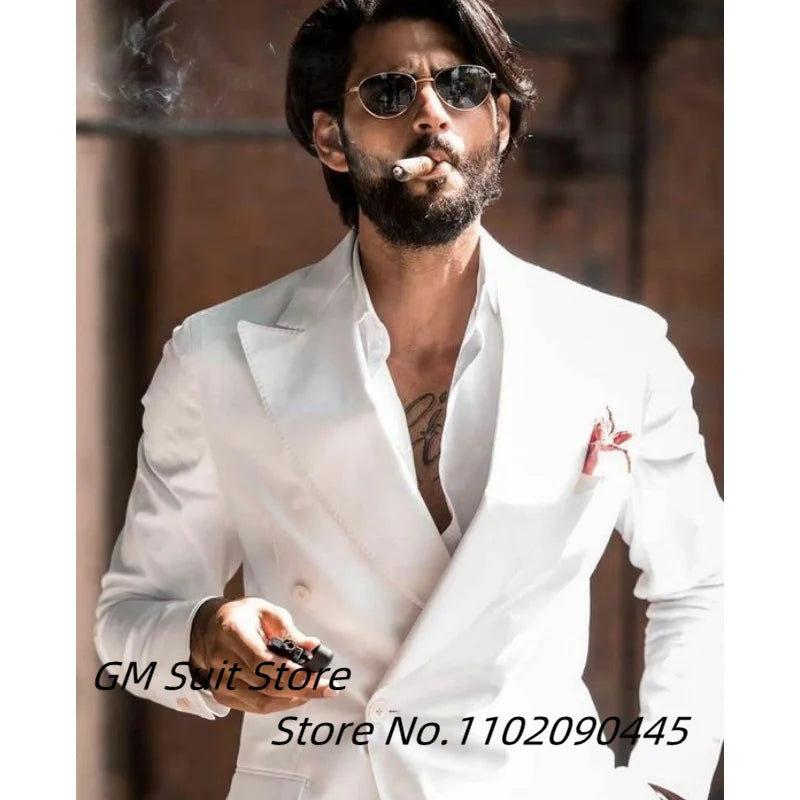 Men's Suit Two-piece Solid Color Double Breasted Fashion Spike Lapel Slim Fit Cropped Pants Casual Business Party Suits 2023