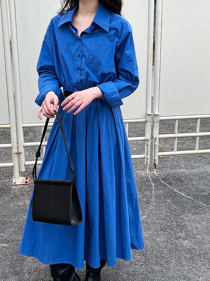 Polo‘s Collar Shirt Dress Women Spring Slimming Long Dress With A Cinched Waist Blue / Pink