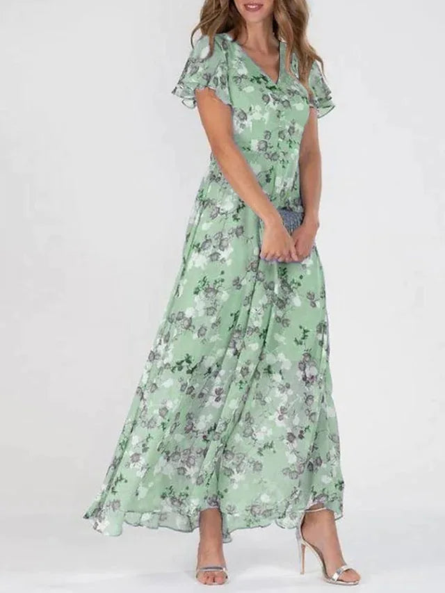 Beach Holiday Chiffon Midi Dress Women Fashion V-neck Short Sleeve Dresses For Women 2024 Summer Floral Print Long Dress Ladies