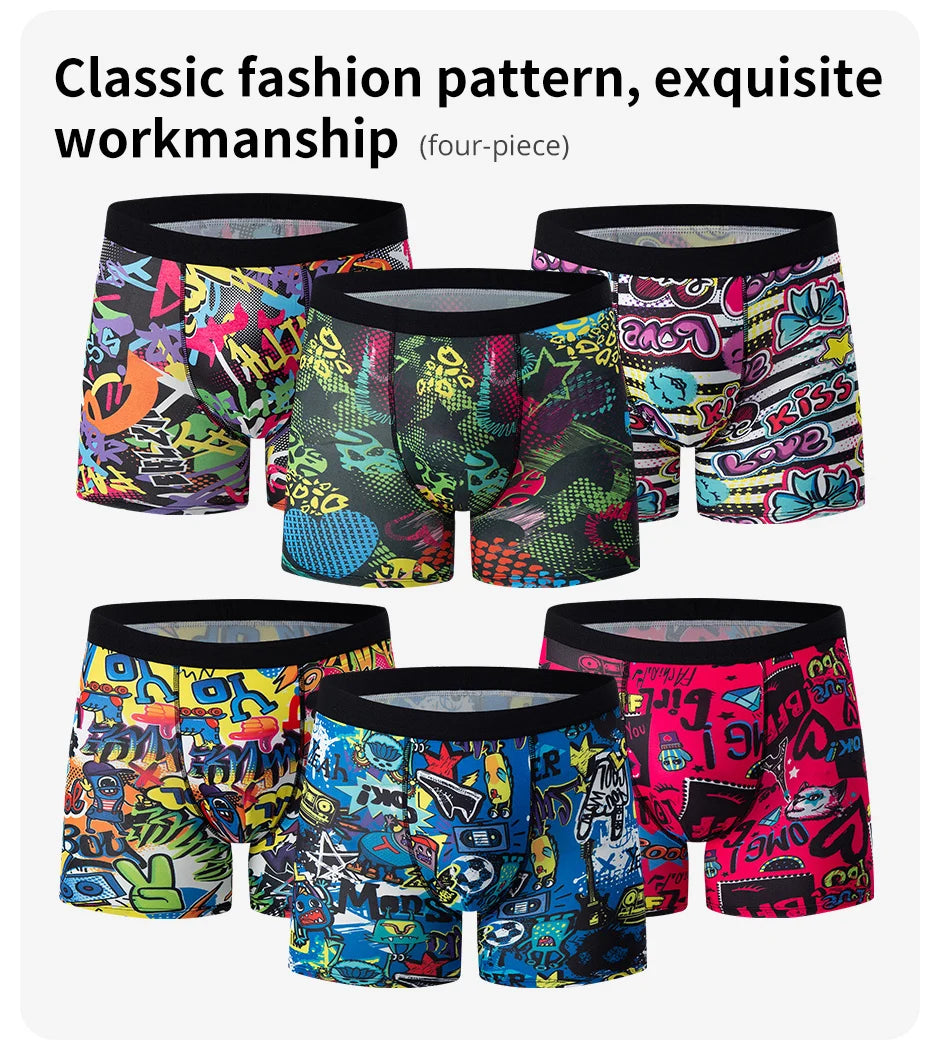 6 Pcs Parent-child Fashion Printed Underwear Men's Multi-size Long Boyshort Teenagers Comfortable And Versatile Elastic Waist S