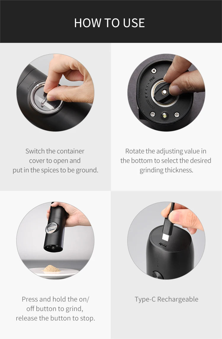USB Rechargeable Electric Salt And Pepper Grinder With Adjustable Coarseness Refillable Mill Battery Powered Home Kitchen Gadget