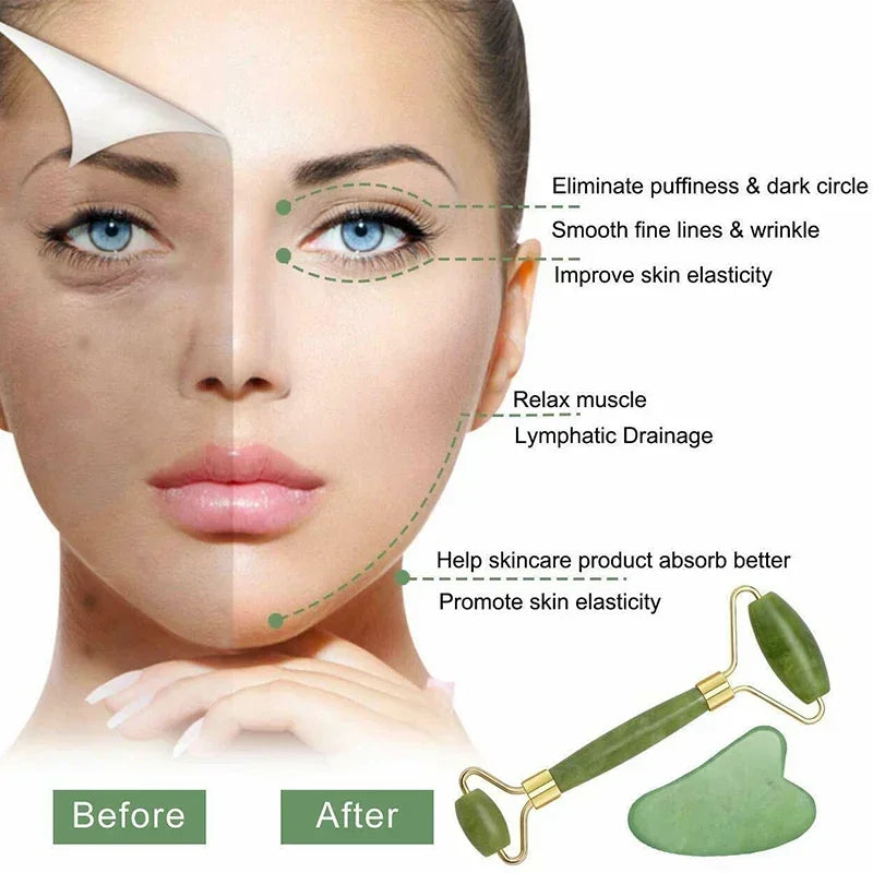 Natural Rose Jade Roller Face Massage Gua Sha Board Jade Massager Body Facial Eye Scraping Acupuncture Face Lift