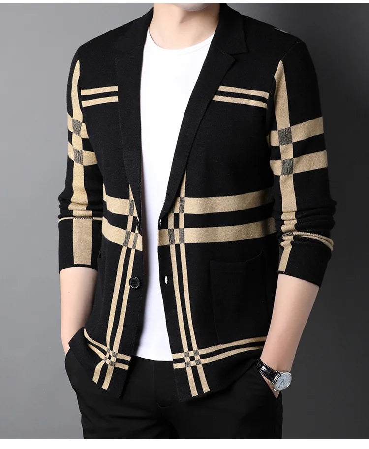 New Men's Spring Korean Knitted Cardigan High-end Brand Fashion Plaid Sweater Coat Male Autumn Leisure Luxury Sweaters