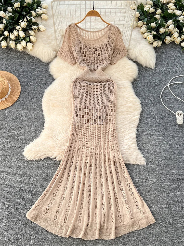 SINGREINY Vacation Style Casual Dress Suits Solid Strap Short Sundress+Knitting Hollow Out Long Dress Korean Women Beach Sets