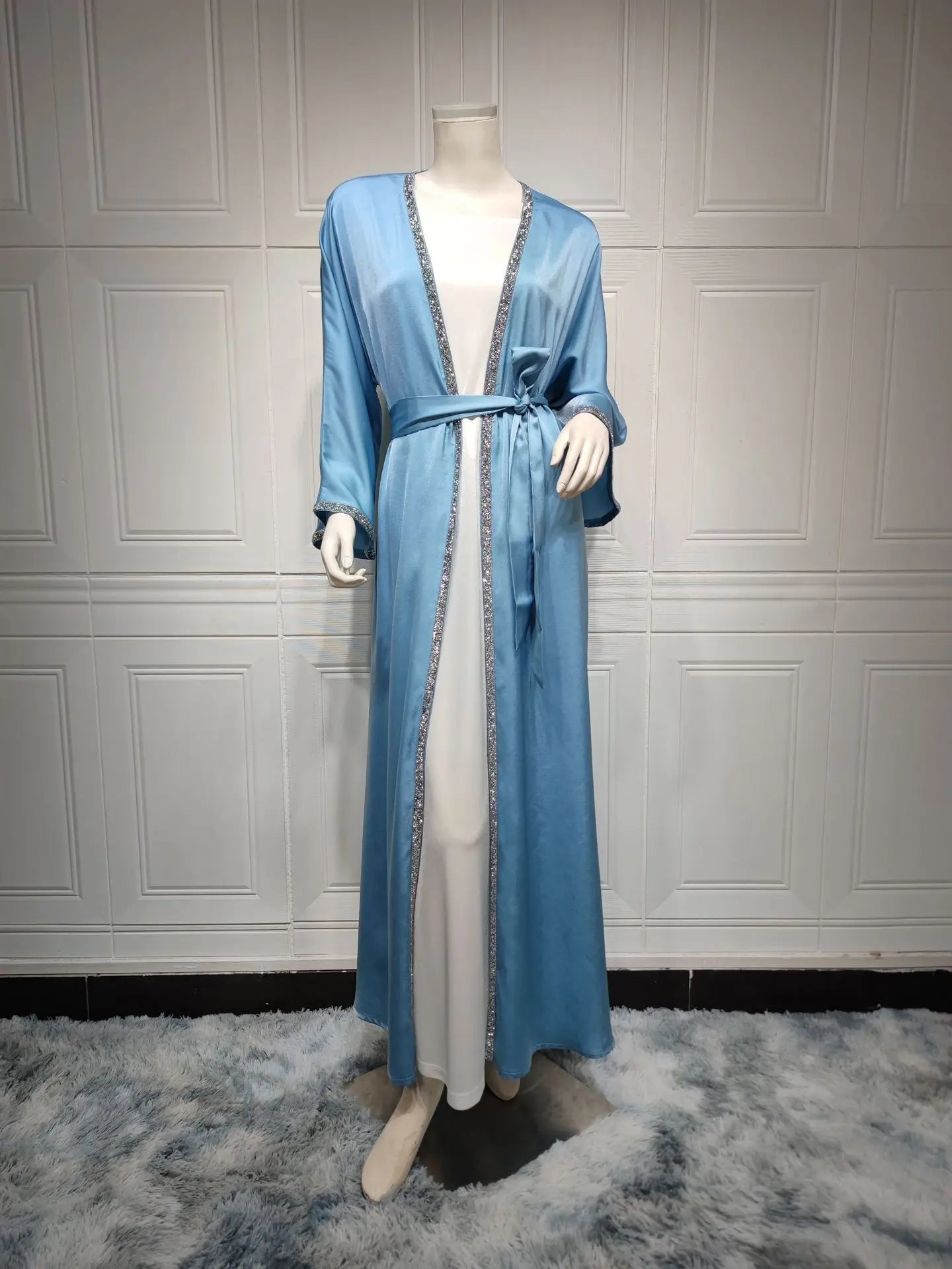 2024 Muslim Dress Diamond Women's Long Dress Fashion Long Sleeve Lace-up Long Abayas Casual Solid Color Clothes for Muslim Women