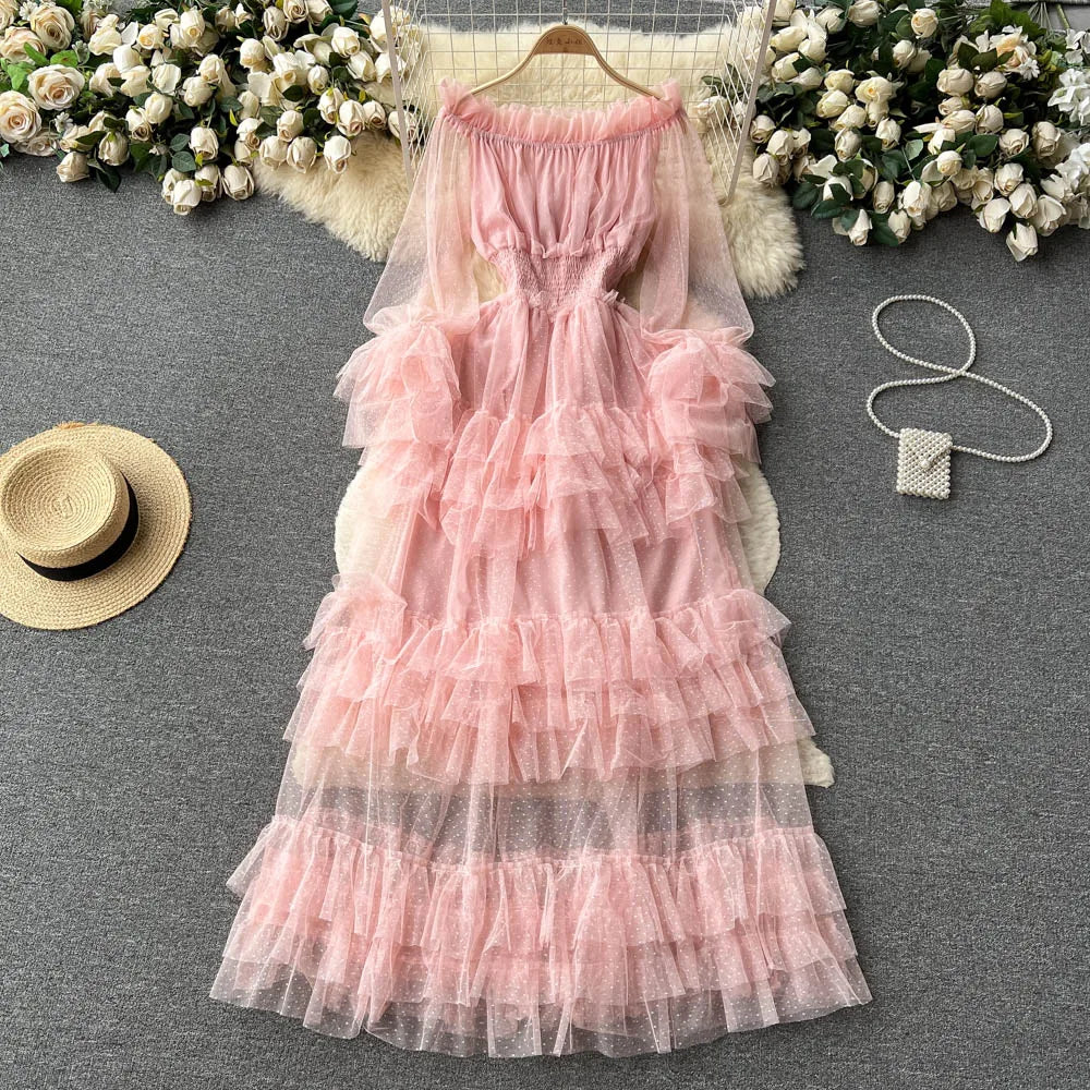 SINGREINY Mesh Party Long Dress Women Ruffle Long Sleeve Slash Neck Elastic Waist French Ladies Summer Elegant A Line Dresses