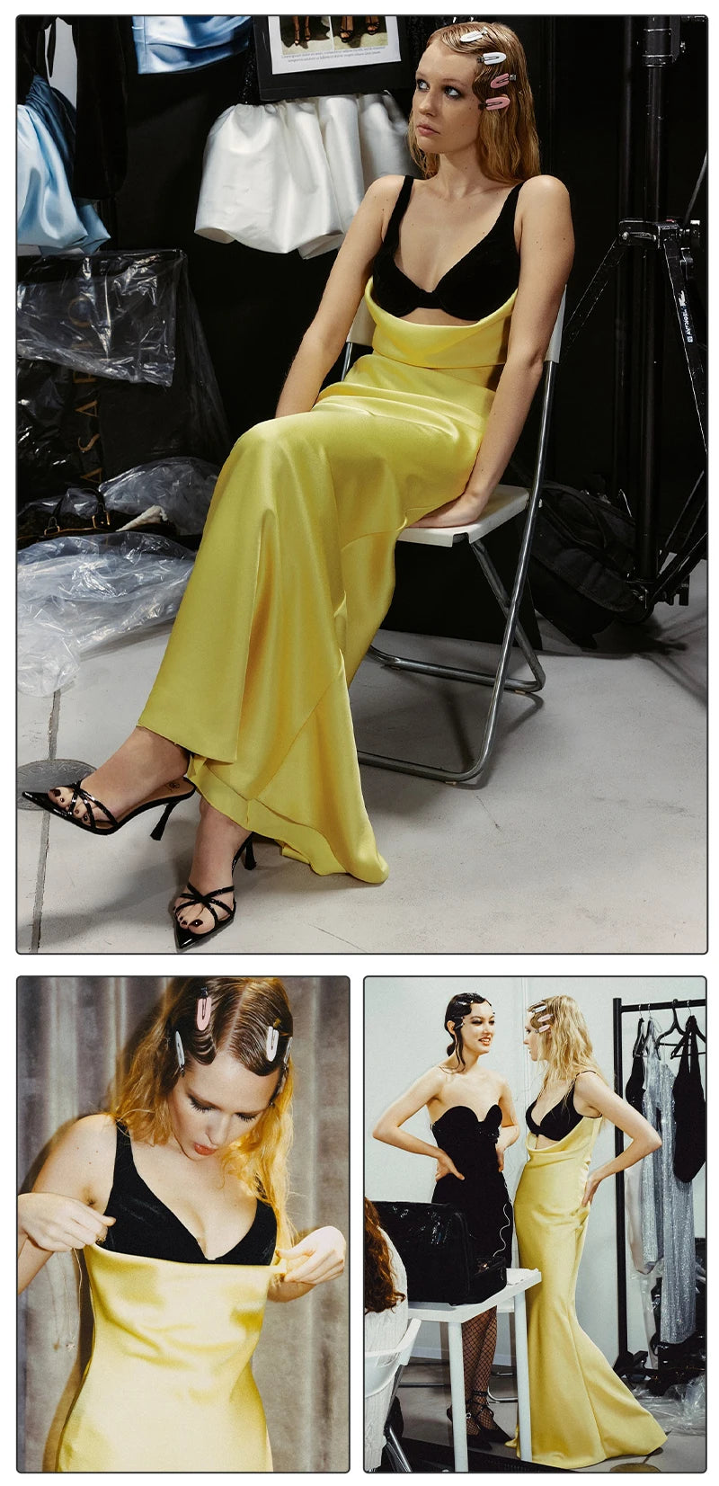 VC Women Cut-out Long Dress Temperament Contrast Color Combo V Neck Suspender Backless Slit Slim Mermaid Party Evening Gowns