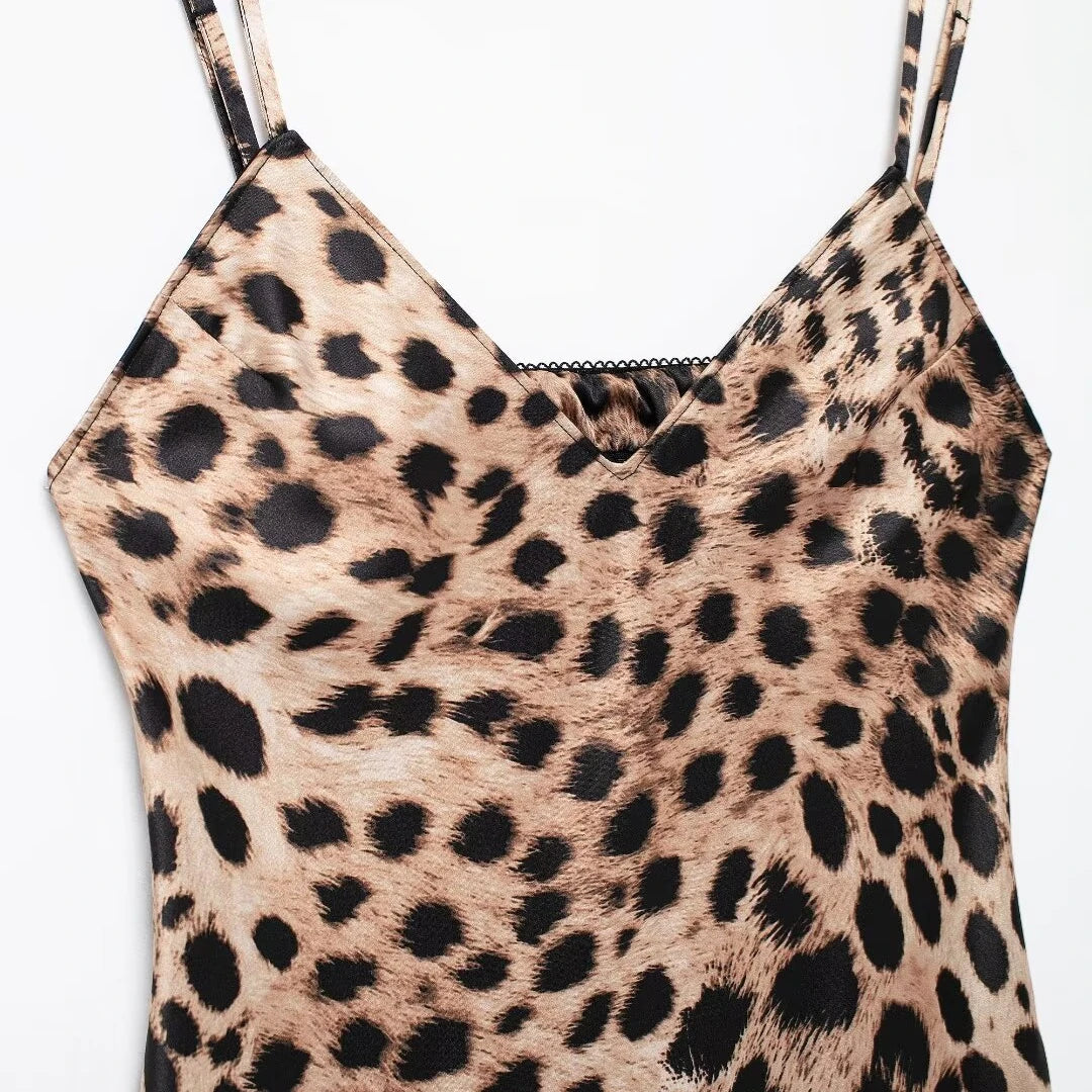 TRAF Women Fashion Summer New Underwear Backless Satin Texture Leopard Print Long Dress Chic Female French Elegance Evening