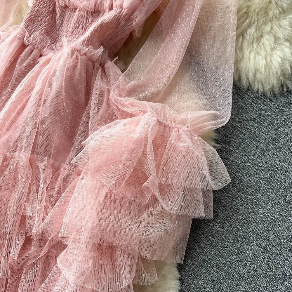 SINGREINY Mesh Party Long Dress Women Ruffle Long Sleeve Slash Neck Elastic Waist French Ladies Summer Elegant A Line Dresses