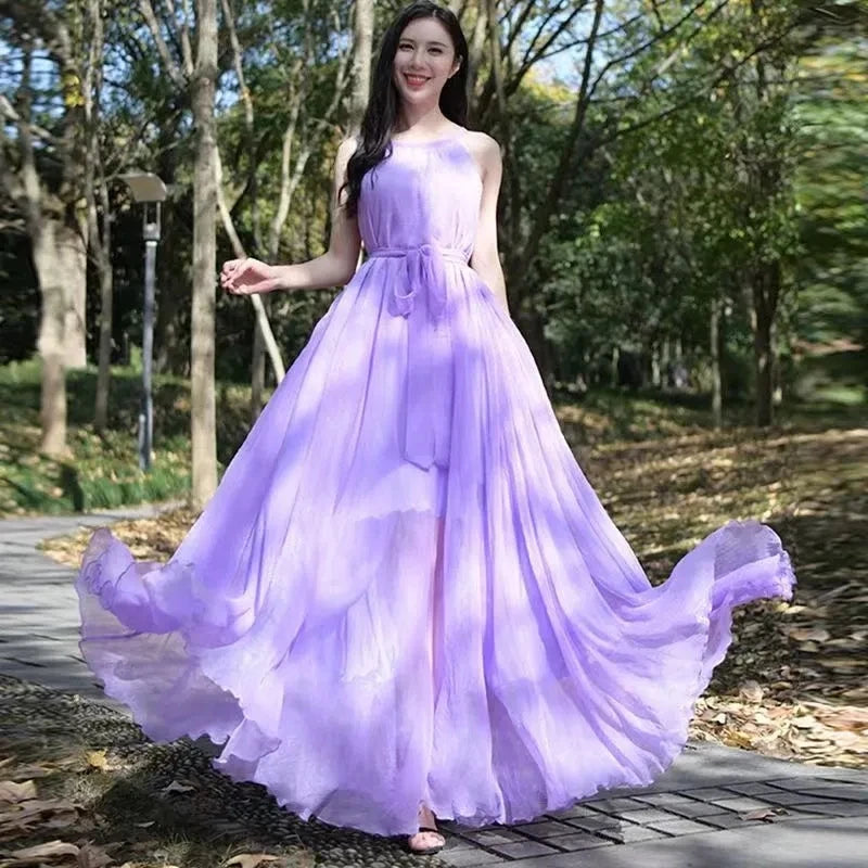 Travel Photo Desert Long Dress Women New Summer Chic Large Swing Chiffon Dress Slim Plus Size 4XL Seaside Holiday Beach Dresses