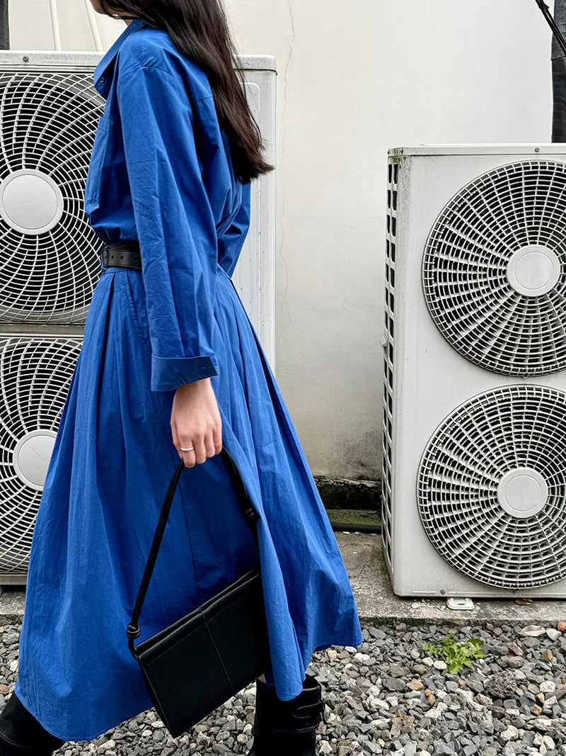 Polo‘s Collar Shirt Dress Women Spring Slimming Long Dress With A Cinched Waist Blue / Pink