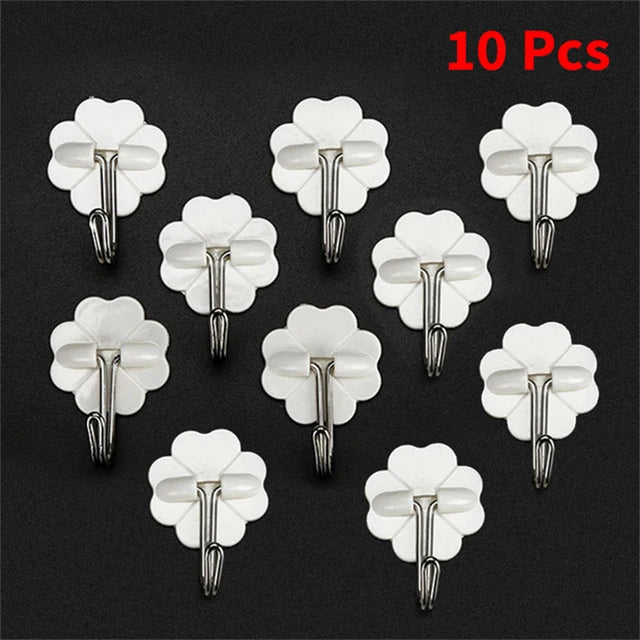 10Pcs/Set Wall Hook Key Holder Shelf White Small Plastic Hanging Strong Self-Adhesive 4-Shaped Home Bathroom Kitchen Accessories