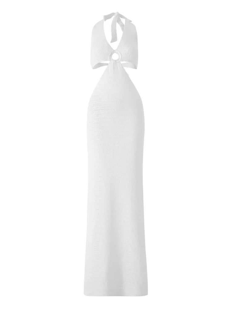 Y2K Cut Out Knitted Long Dress Women Contrast Sleeveless Halter V Neck Backless Dress Summer Bohemian Beach Sexy Dresses Female