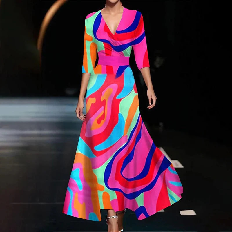 Elegant Women Long Dress Women V Neck 3/4 Sleeve A-Line Party Dresses For Women Fashion Flower Printed Vestidos Robe