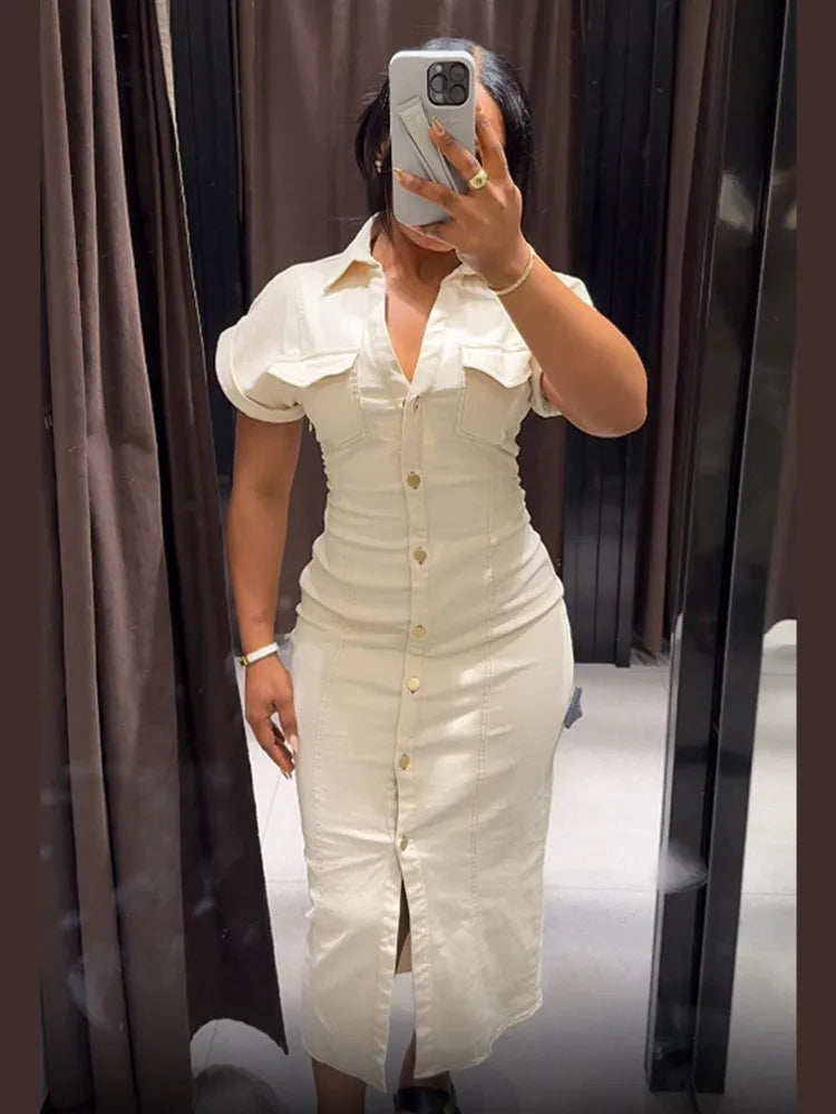 Sexy V-neck Denim Dresses 2025 Women's Spring Fashion Slim Long Dress Chic Short Sleeves Single Button High Street Lady New Robe