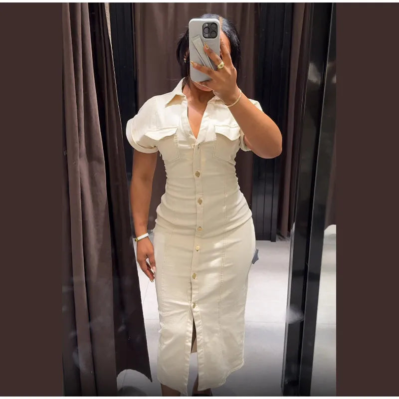 Sexy V-neck Denim Dresses 2025 Women's Spring Fashion Slim Long Dress Chic Short Sleeves Single Button High Street Lady New Robe