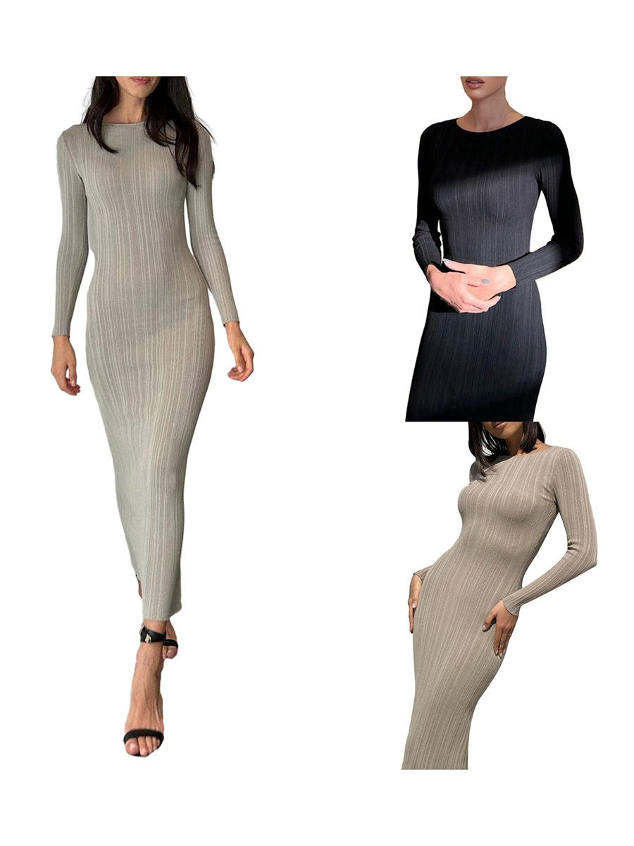 Women Spring Autumn Solid Color Bodycon Knit Dress Long Sleeve Crew Neck Ribbed Dress Slim Fit Long Dress