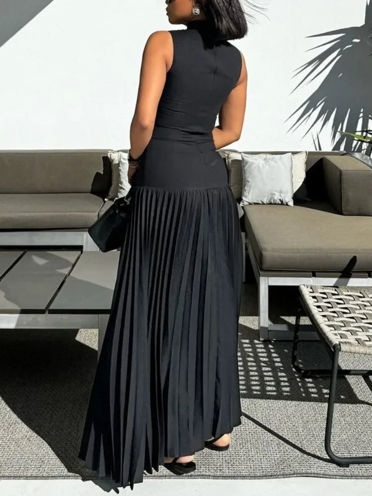 Bonboho 2024 New Summer Dress for Women High Neck Sleeveless Skinny Long Dress Solid Black High Waist Pleated Party Dresses
