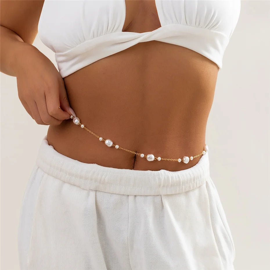 Ingemark Sexy Imitation Pearl Waist Belly Belt Chain for Women Summer Beach Bikini Boho Vacation Body Jewelry Y2K Accessories