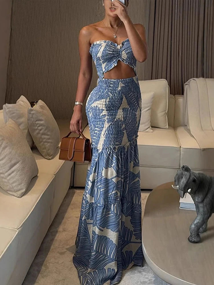 Printed Strap Pleated Long Dress Women Backless Off Shoulder Patchwork Ruffle Summer 2025 Dresses Party Vacation Chic Sexy Robe