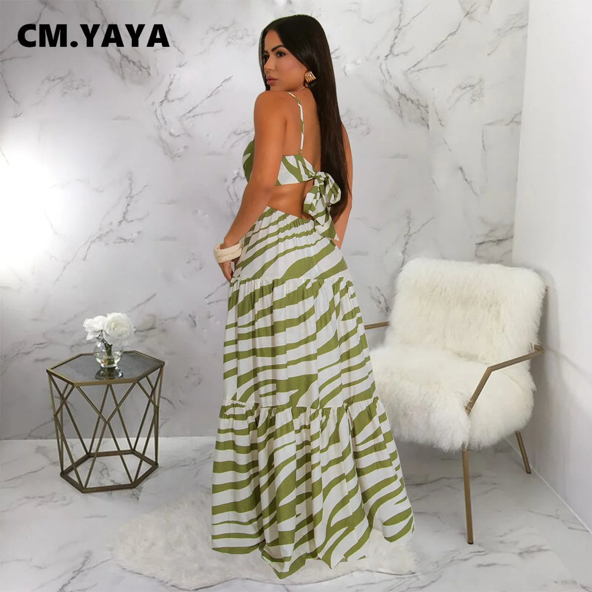 CM.YAYA Printed Women Strap Sleeveless Backless Long Dress 2025 Birthday Beach Evening Sexy Night Party Maxi Dresses Vestidos