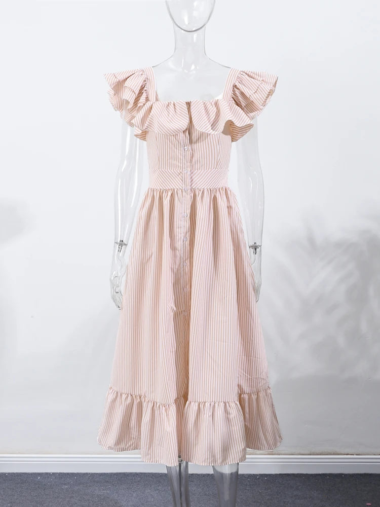 Flying Sleeve Ruffle Striped Slip Long Dress Women Elegant Square Collar Waist Cinching Pleat Party Dresses Chic Ladies Vestido