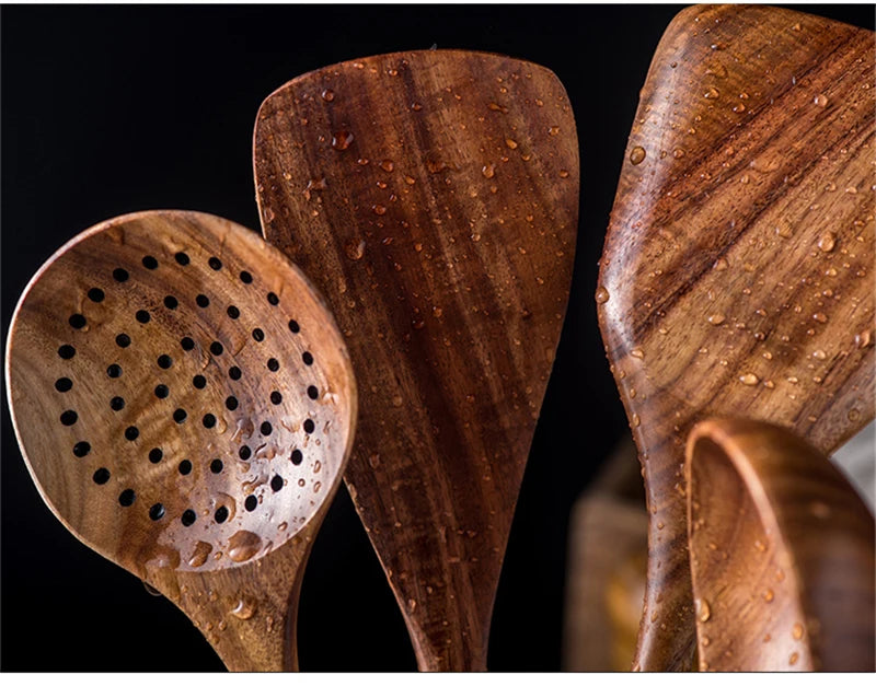 1~9PCS Thailand Teak Natural Wood Tableware Spoon Ladle Turner Long Rice Colander Soup Skimmer Cooking Spoons Scoop Kitchen Tool