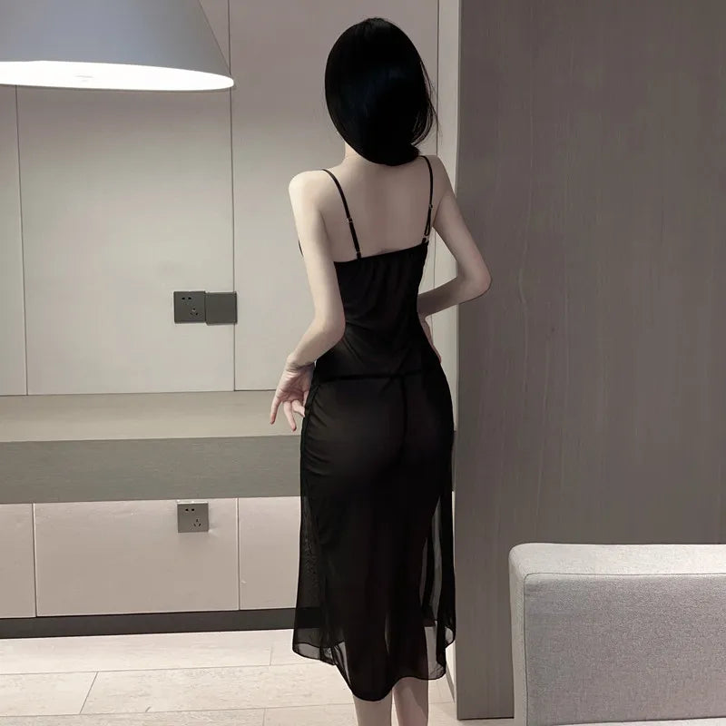 Mesh Lace Sheet Thin Transparent Lingerie Sexy Strap Long Dress Elegant Transparent Nightwear Mesh Hot Sexy Korean Women 8WUG