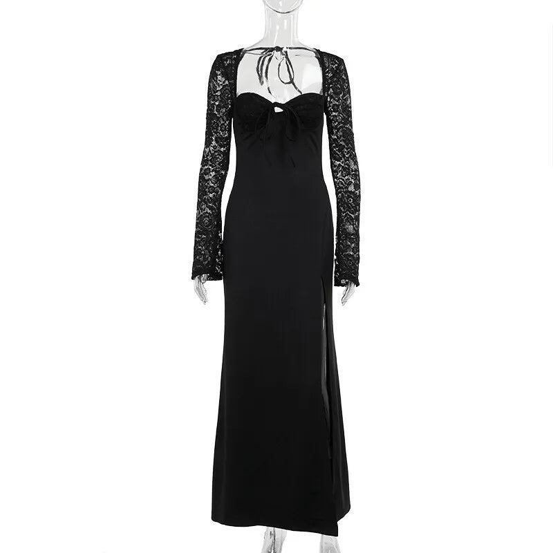 Mozision Lace Long Sleeve Sexy Maxi Dress Women Autumn New Square Collar Backless Lace-up High Split Sexy Club Party Long Dress