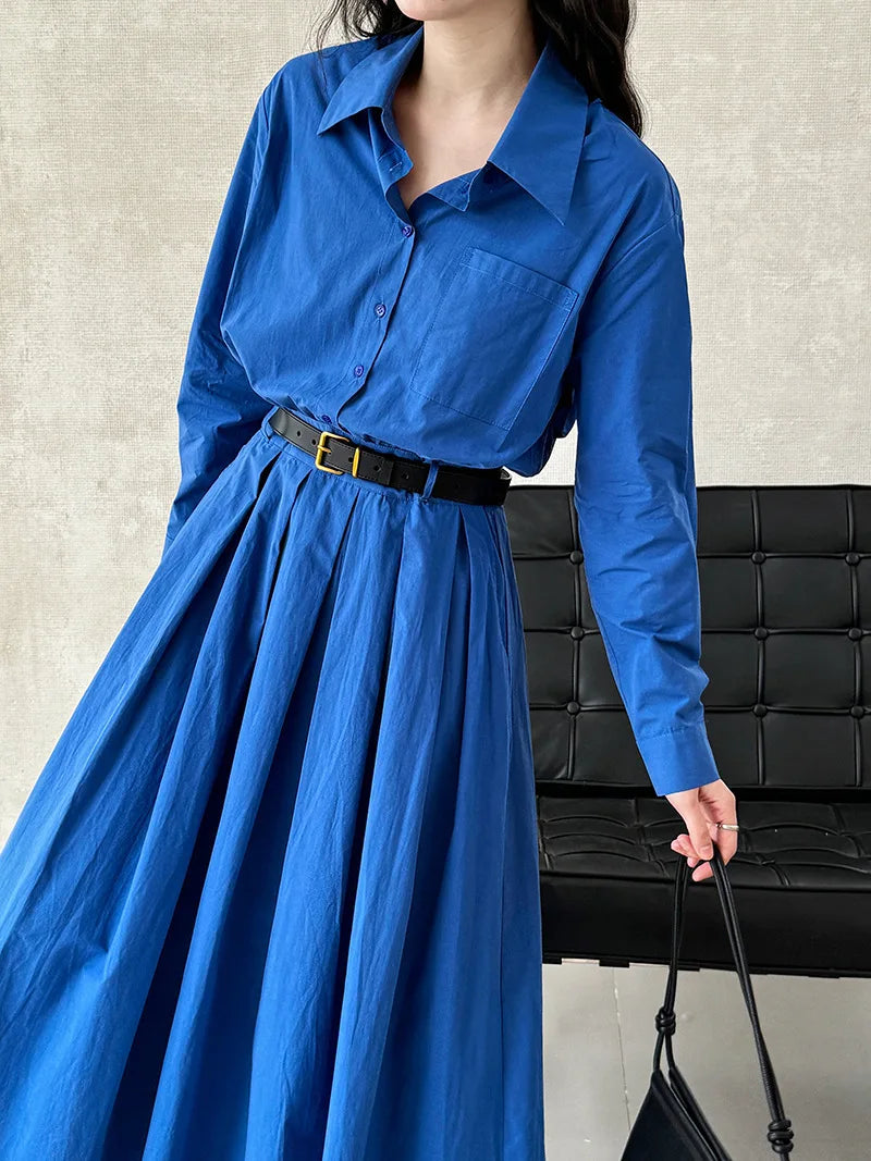Polo‘s Collar Shirt Dress Women Spring Slimming Long Dress With A Cinched Waist Blue / Pink