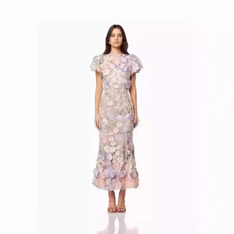 Women Long Dress Commuter Round Neck Embroidered Three-dimensional Floral Puff Sleeves Elegant High Waist Wrap The Buttocks