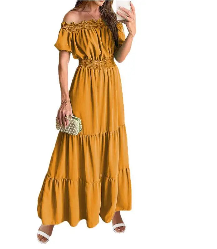 Women's Dress One-line Collar Spring And Summer Short-sleeved New Green Long Dress Fashion Casual Loose Beach Party Dresses Robe