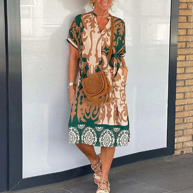Retro Fashion Spring V Neck Party Dresses Woman Elegant Floral Print A-Line Long Dress 2025 Summer Short Sleeve Loose Boho Dress