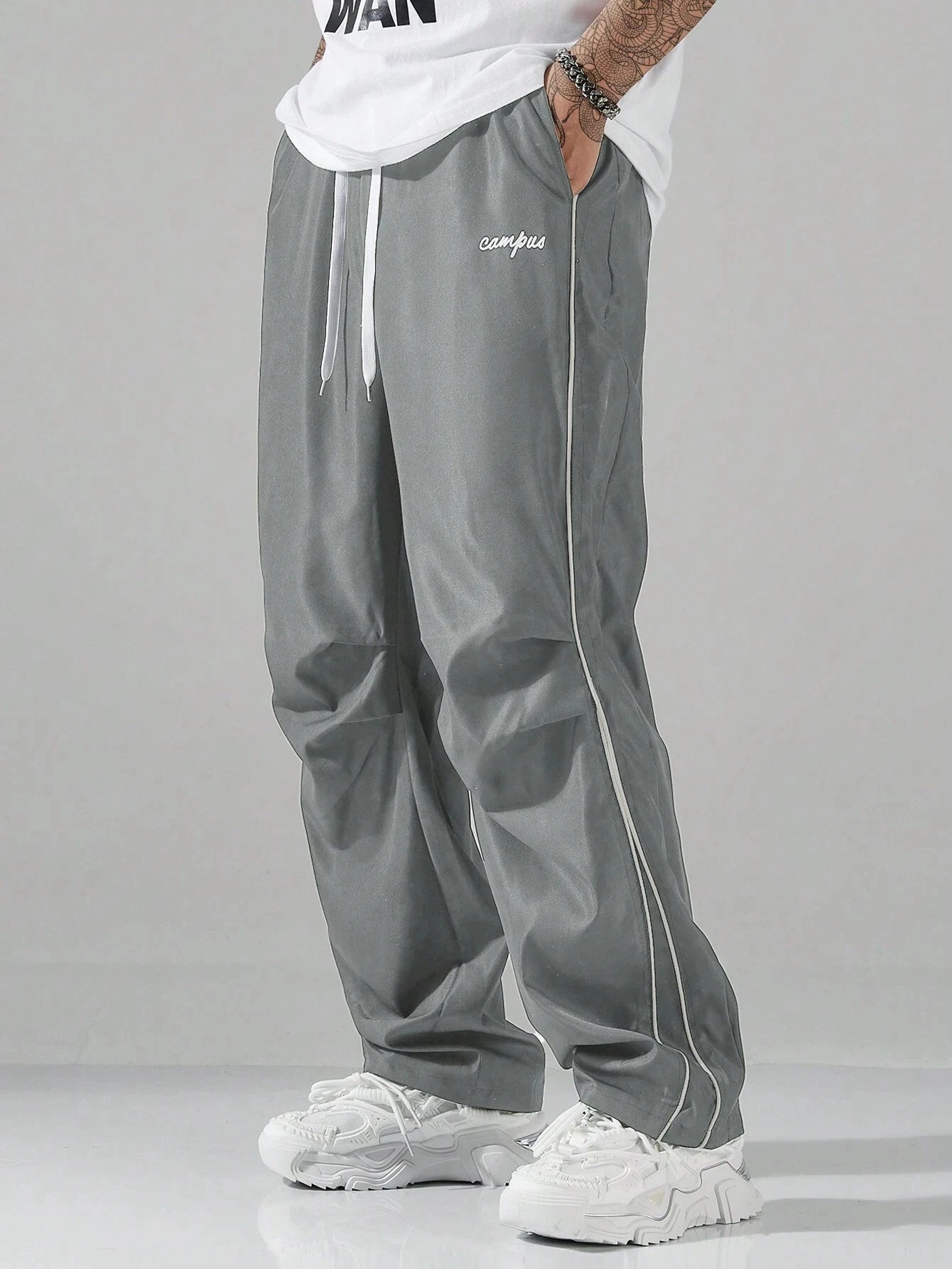 Larbulse Men Contrast Trim Trouser Fashion Casual Pants Solid Color Breathable Loose Straight Drawstring Pants Streetwear
