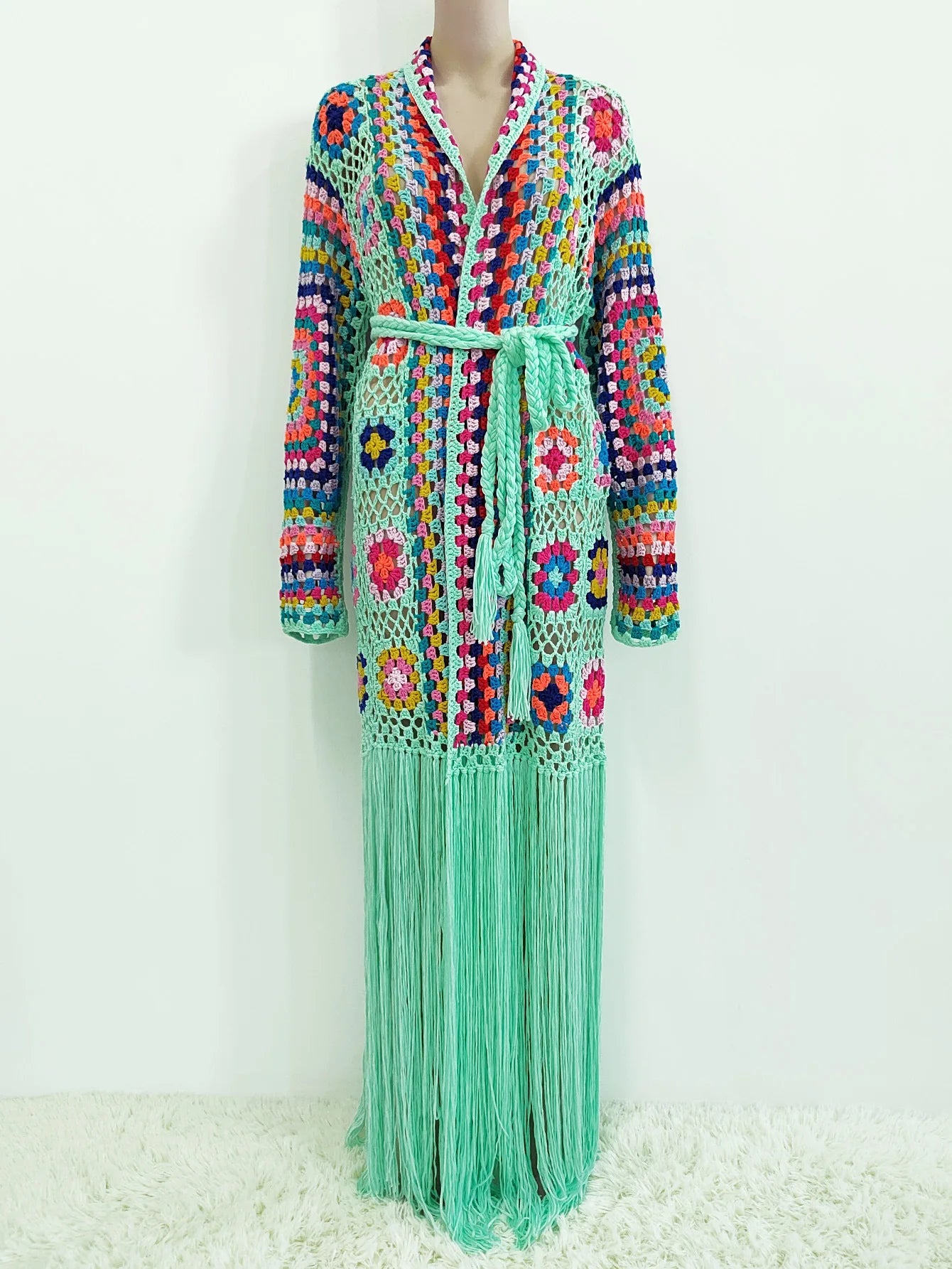 Crochet Knitted Women Cardigan Cover Ups Tassel Plaid Long Coat Bohemian 2023 Summer Beach Bikini Covers Sexy Hook Vestidos