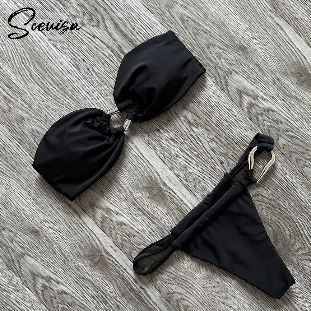 2024 New Sexy Bandeau Bikini Women Swimsuit Female Swimwear High Cut Set Swimming Suit Beachwear Patchwork Brazilian biquini