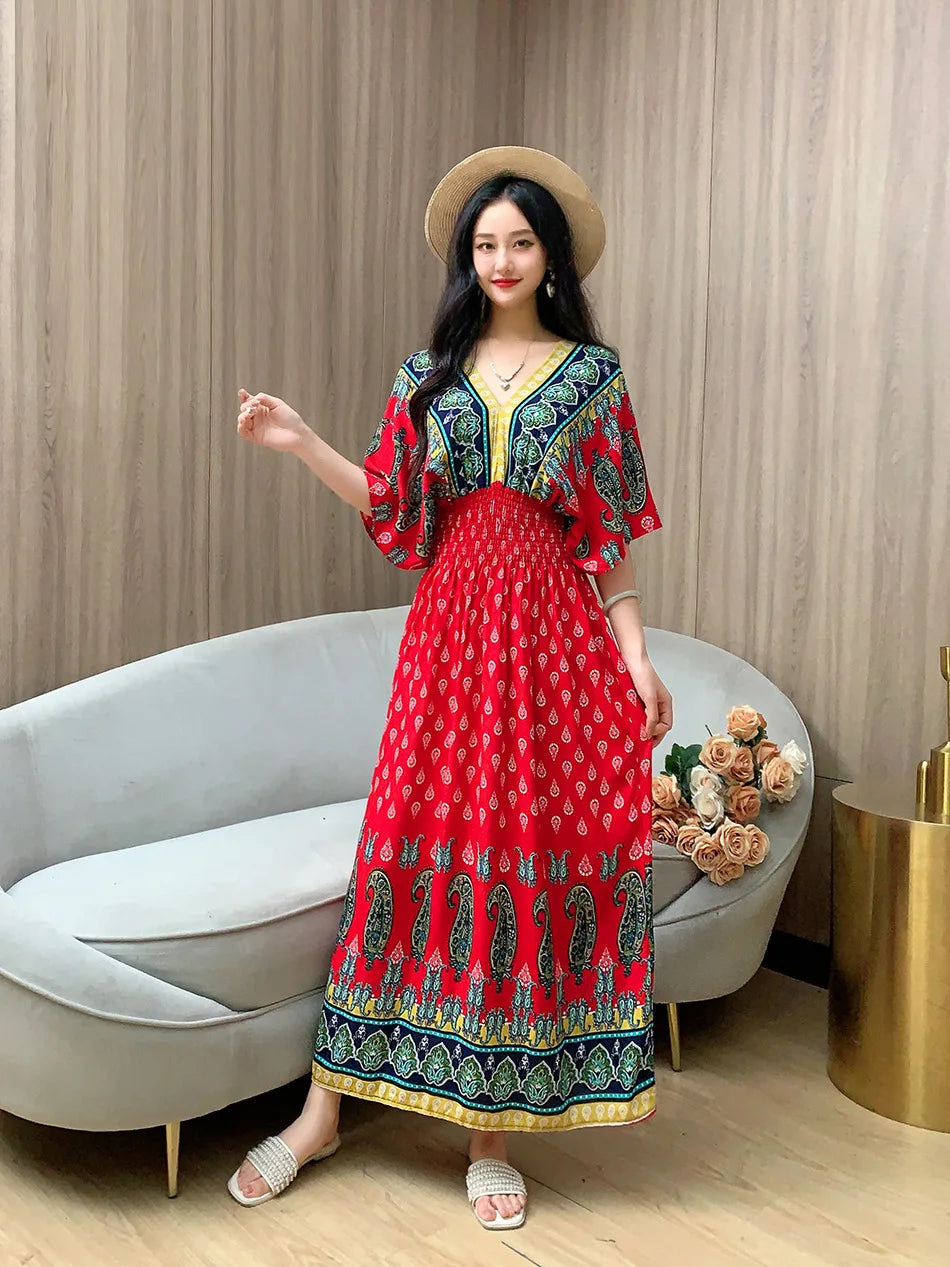 V-neck Large Skirt Hem Casual Sweet Holiday Long Dress Bat Sleeves Elastic Waist Bohemian Print Floral Elegant Dresse For Women