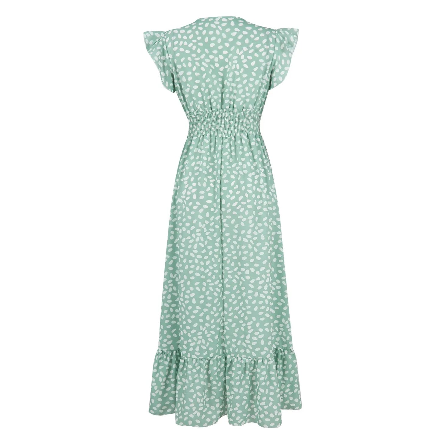 Polka Dot Dress For Women Sexy V-Neck Long Dress Casual And Fashionable Ruffle Edge Short Sleeved High Waisted Dress